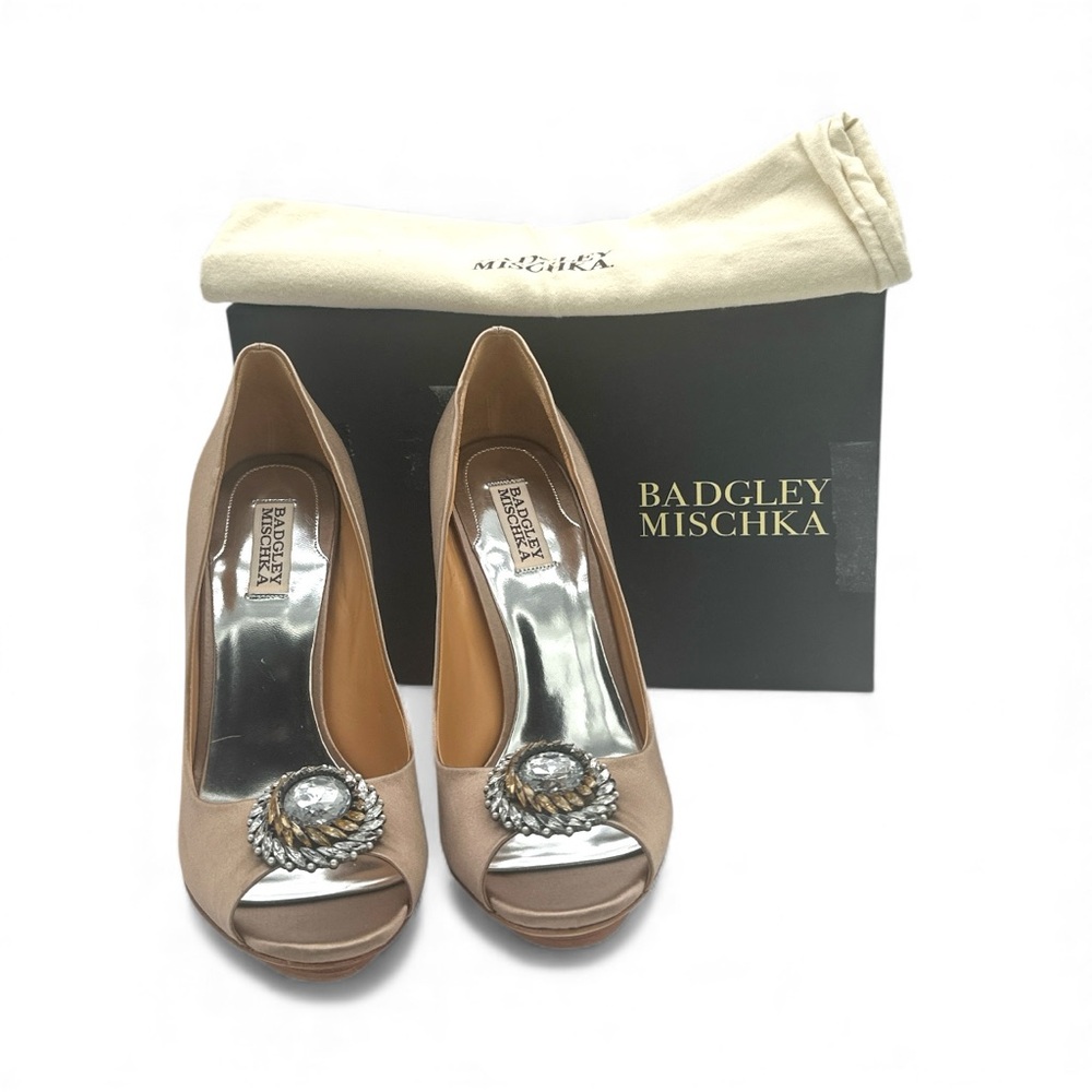 Badgley Mischka Goodie Beige Peep Toe Heels with‎ Jewel Accent